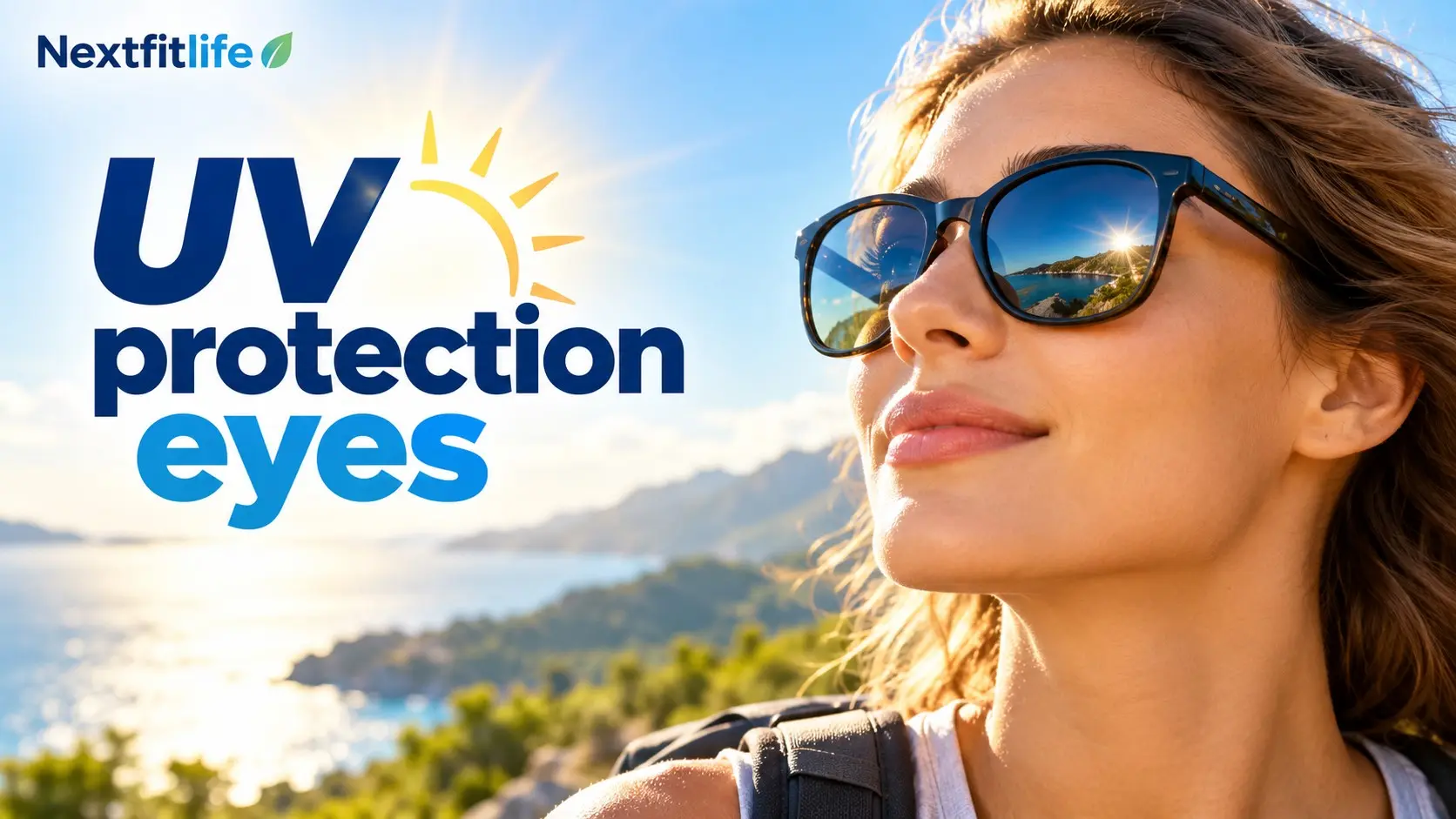 UV protection eyes showing UV400 sunglasses, wide brim hat, UVA and UVB rays, eye sun safety, and healthy vision