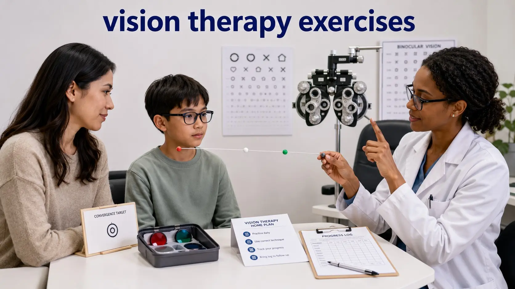 Patient learning professionally prescribed vision therapy exercises using a Brock string, convergence target, and eye-coordination chart with an eye-care professional. Caption: