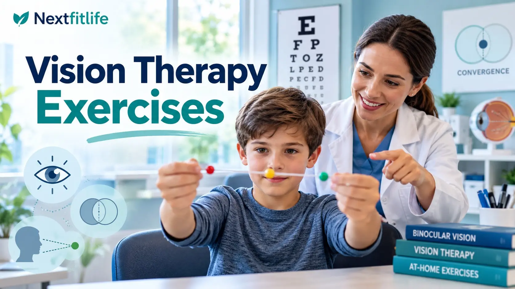 Vision therapy exercises for convergence insufficiency, eye coordination, Brock string practice, and supervised home treatment