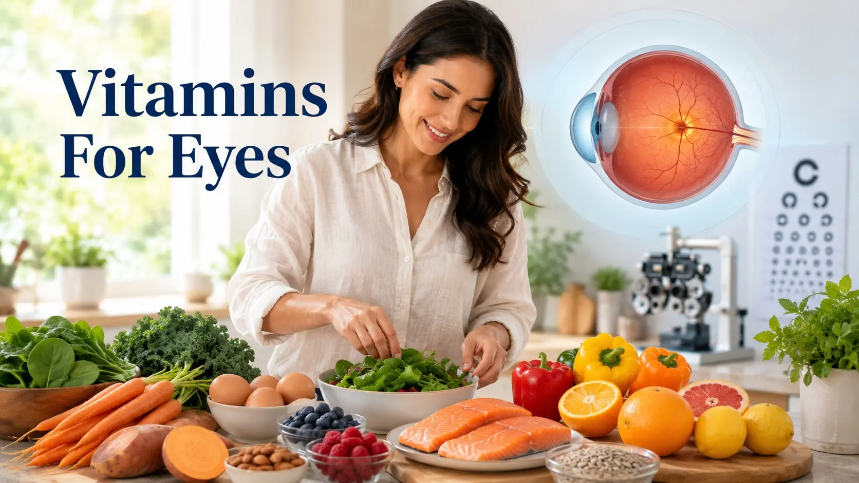 Vitamins for Eyes shown with leafy greens, carrots, salmon, eggs, berries, nuts, and other foods that support healthy vision