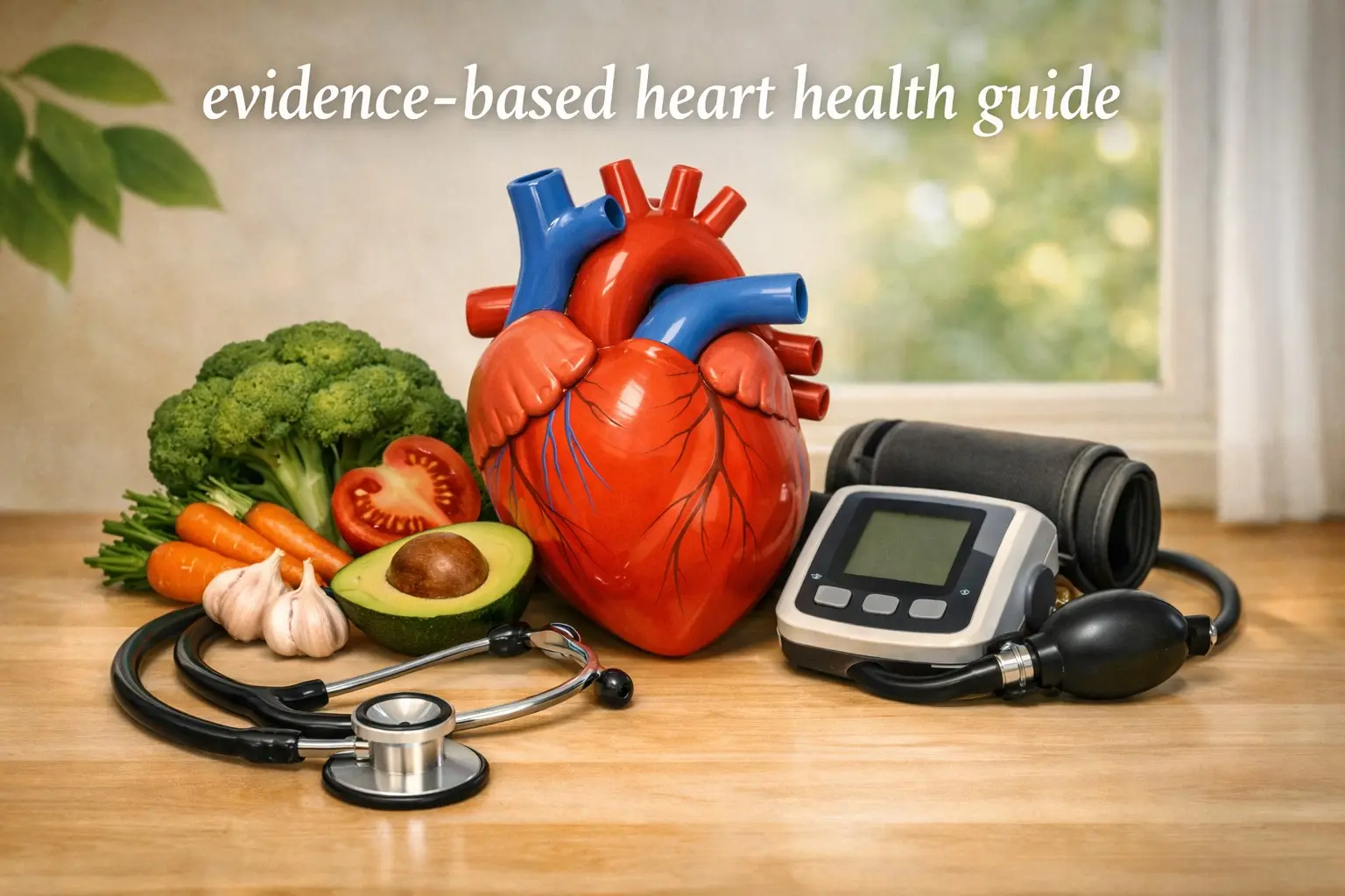 Evidence-based heart health guide – stylized heart with fresh vegetables, stethoscope, and blood pressure monitor, representing cardiovascular wellness.