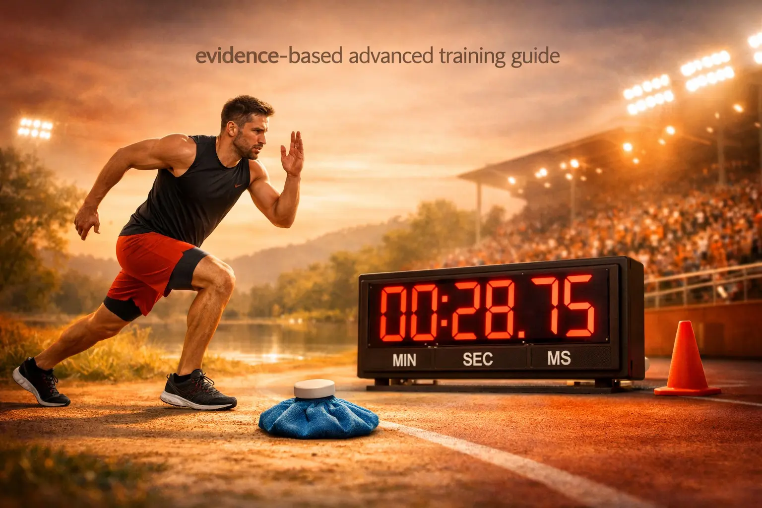 Evidence‑based advanced training & performance guide – athlete in action, timer, competition setting, representing elite fitness.