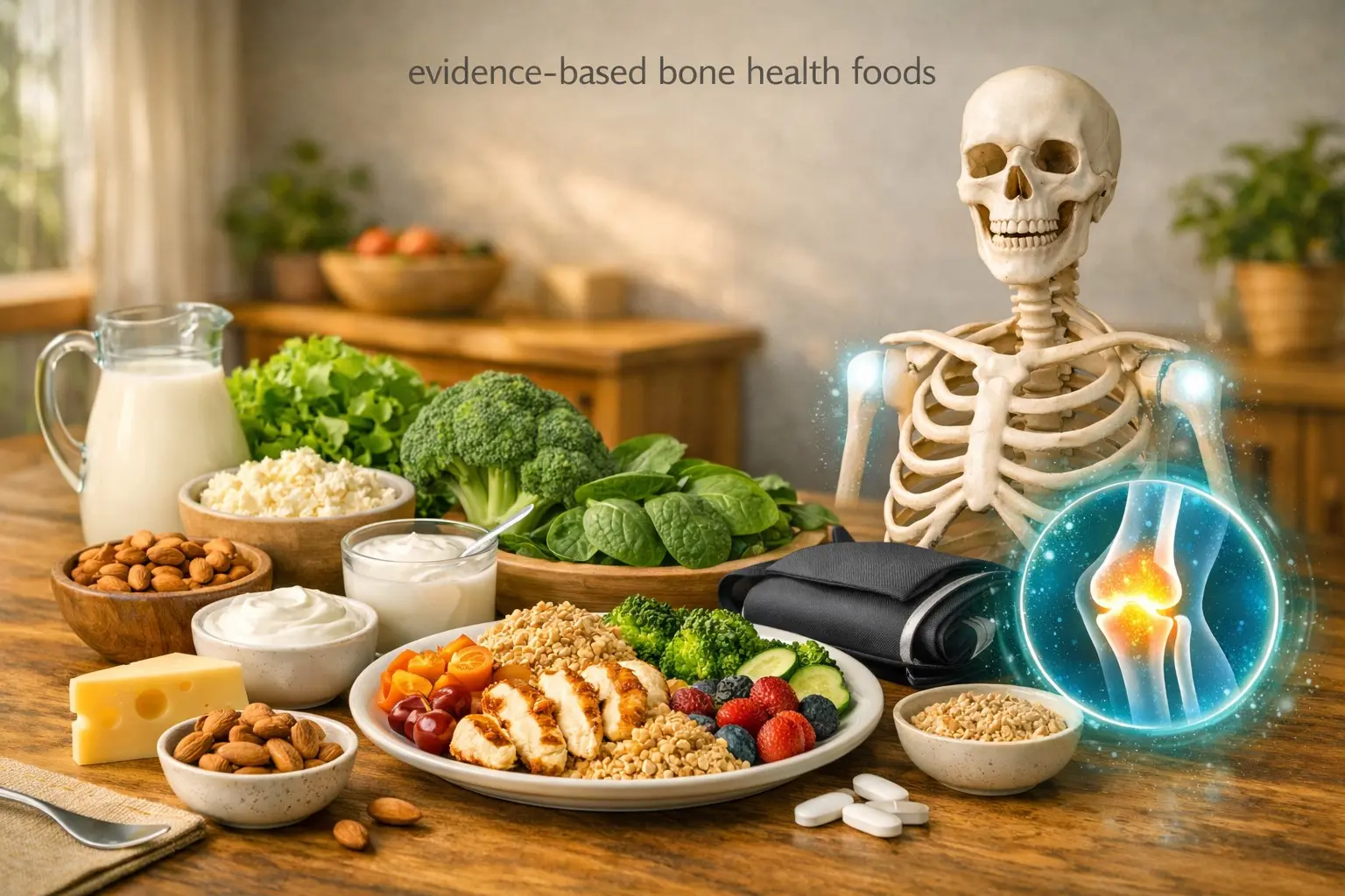 Evidence‑based bone & joint health guide – skeleton, calcium‑rich foods, joint icon, representing skeletal wellness.
