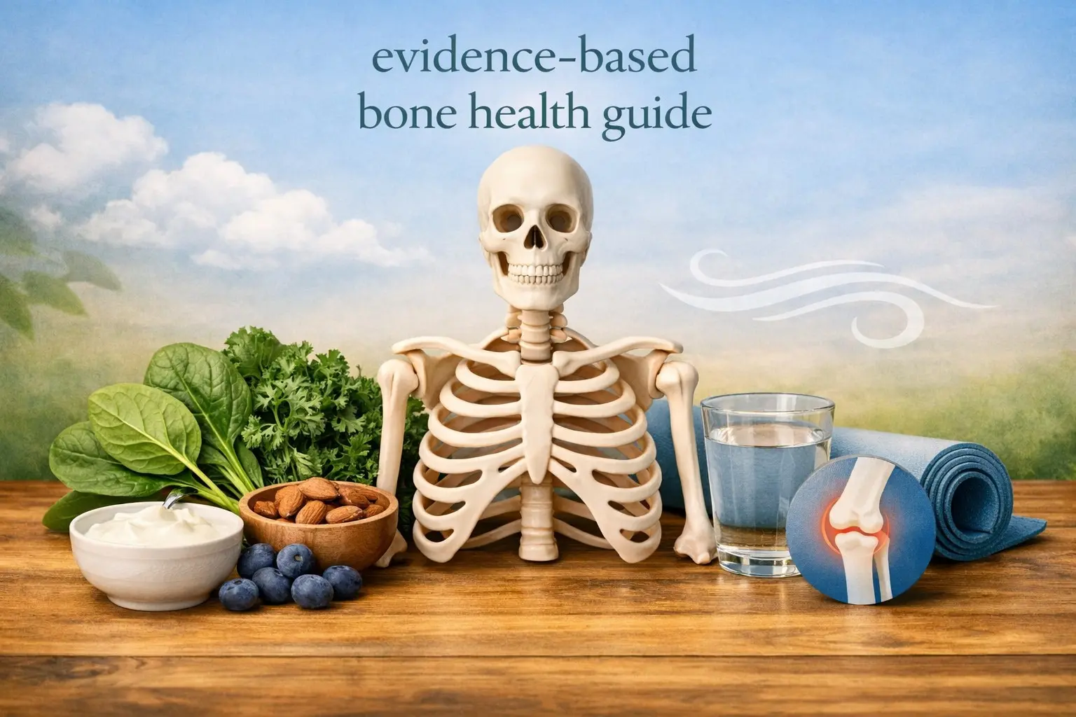 Evidence‑based bone & joint health guide – stylized skeleton with calcium‑rich foods, yoga mat, and joint support, representing skeletal wellness.