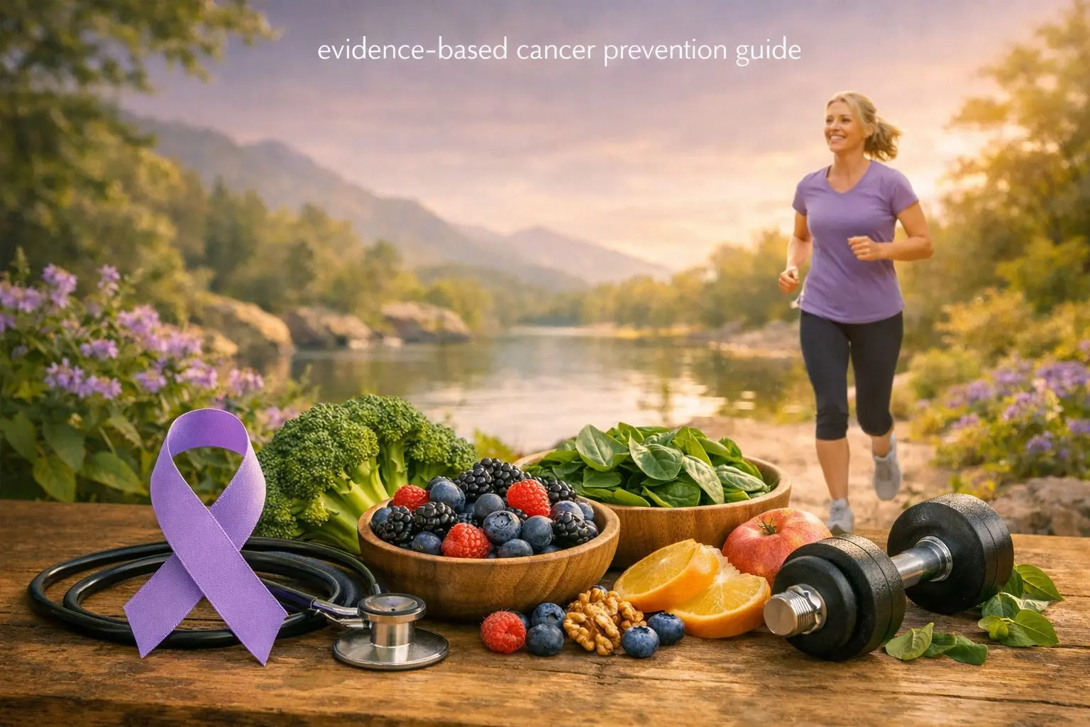 Evidence‑based cancer awareness & prevention guide – ribbon, healthy foods, exercise, and stethoscope, representing proactive health.
