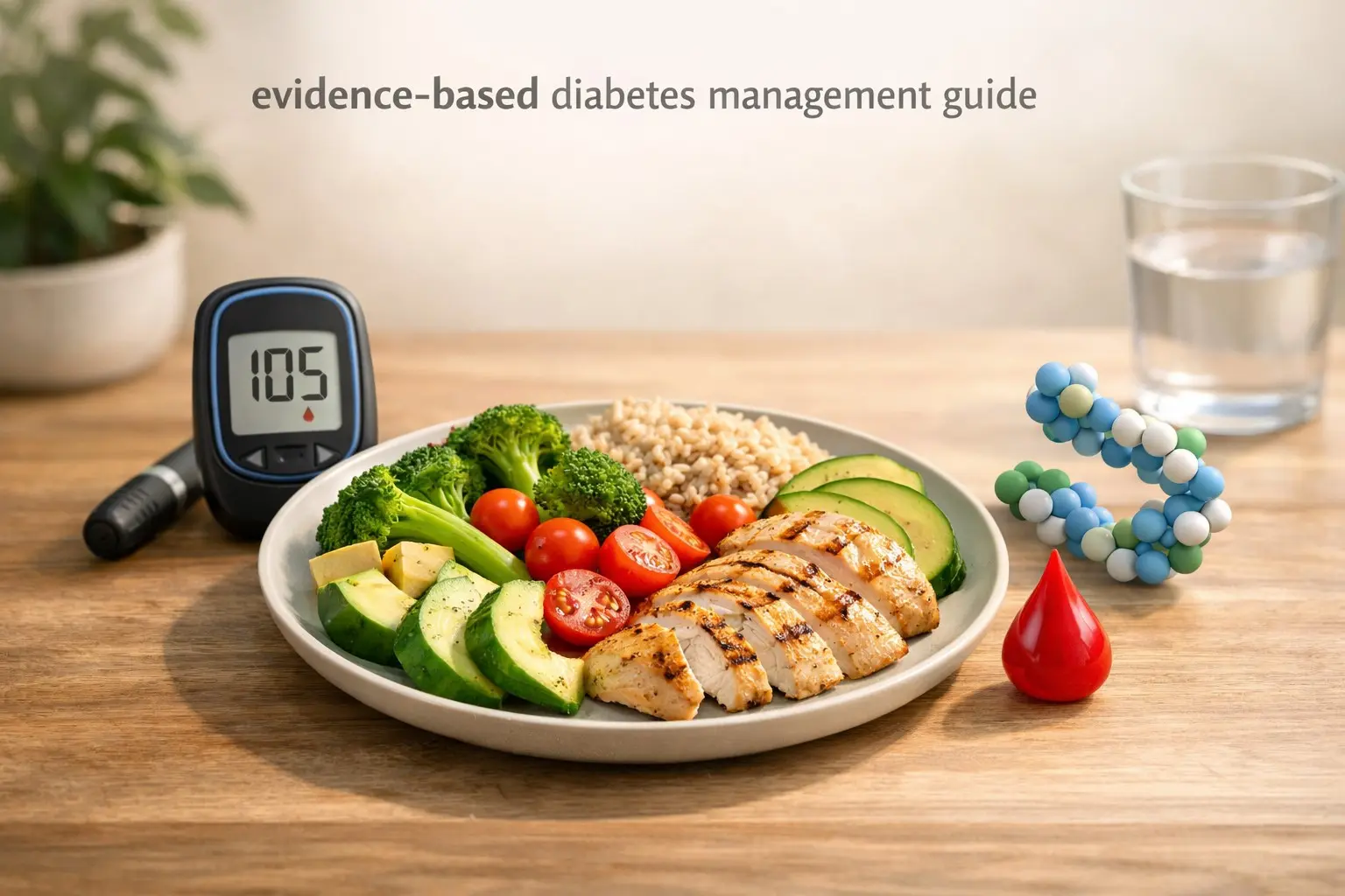 Evidence‑based diabetes management guide – balanced plate, glucose meter, insulin molecule, representing blood sugar control.