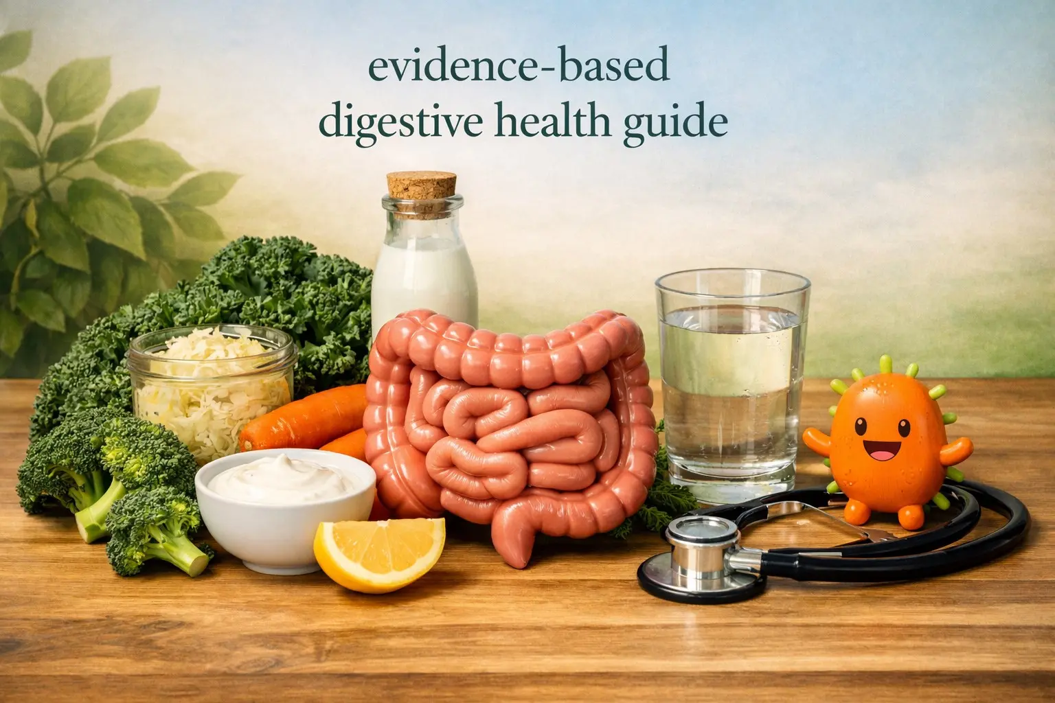 Evidence‑based digestive health guide – stylized gut with probiotic foods, vegetables, and water, representing gut wellness.
