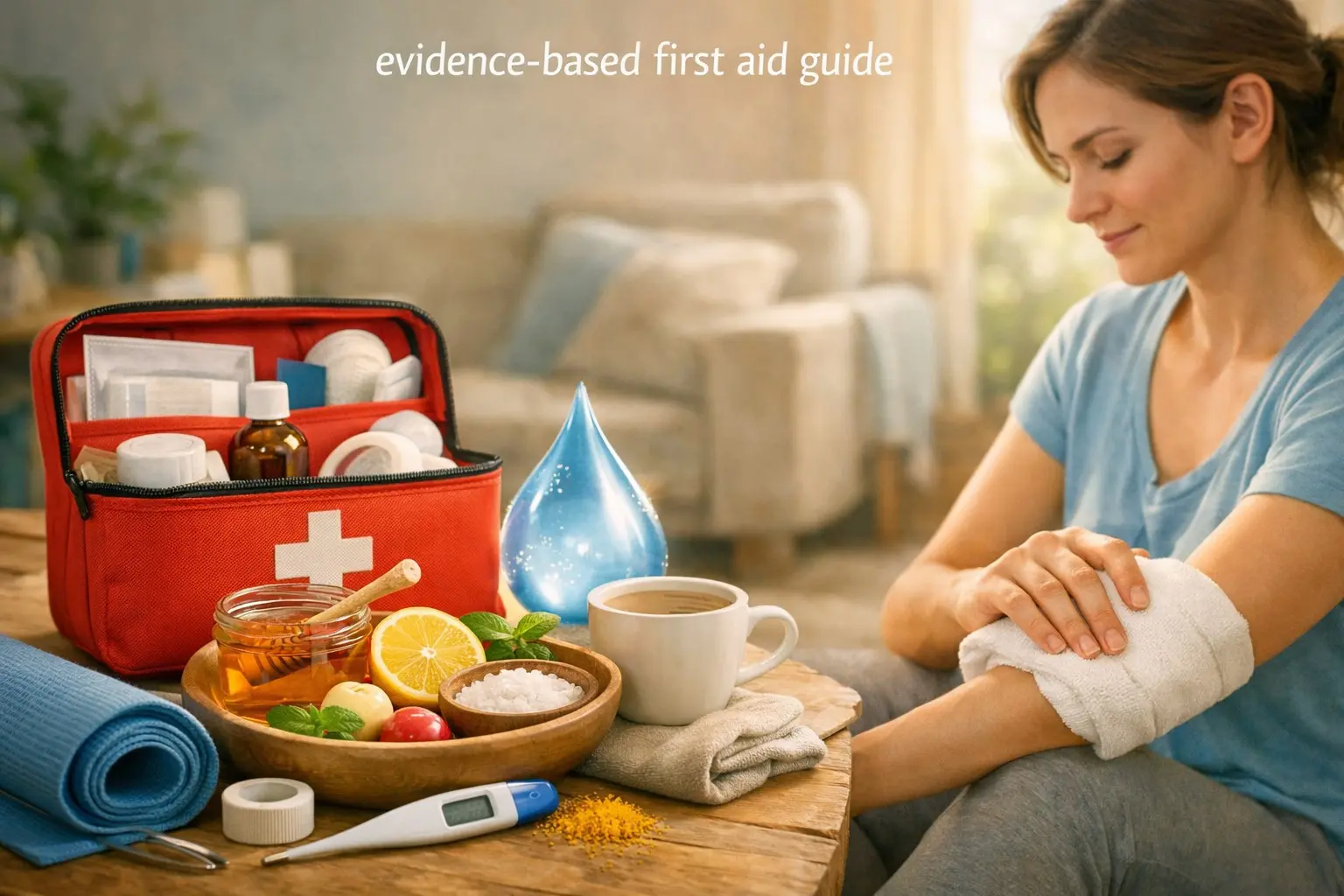 Evidence‑based first aid & home remedies guide – first aid kit, natural ingredients, thermometer, compress, representing safe, natural relief.