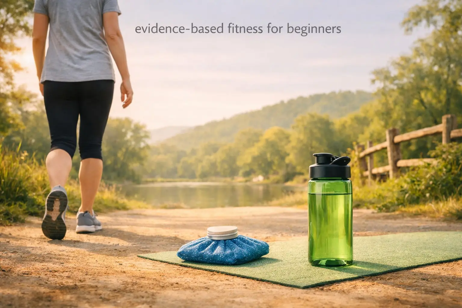 Evidence‑based fitness for beginners – person starting to walk, water bottle, supportive environment, representing starting a fitness journey.
