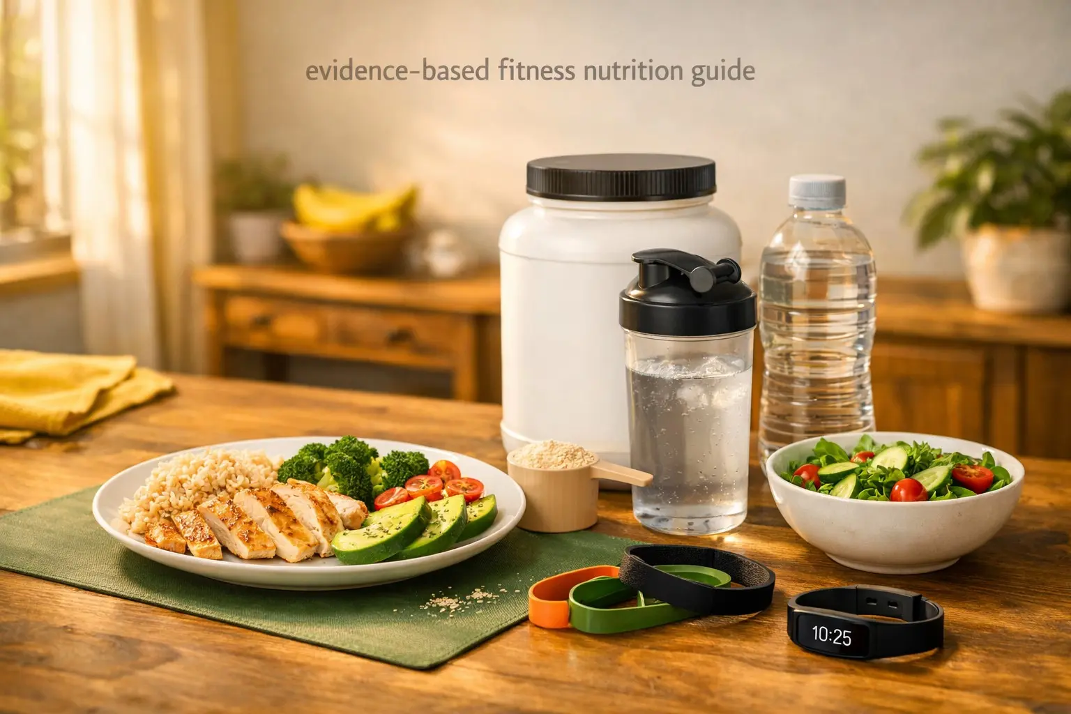 Evidence‑based fitness nutrition & supplements guide – balanced meal, protein powder, water, fitness tracker, representing fueling performance.