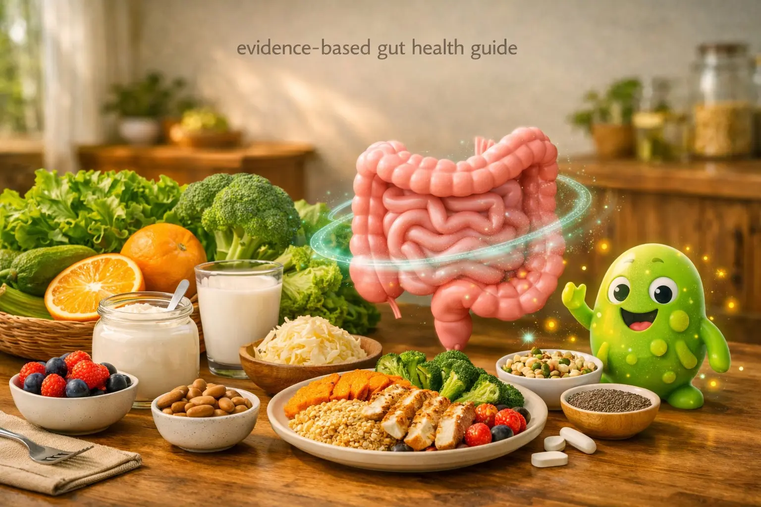 Evidence‑based gut health & digestion guide – stylized gut, probiotic foods, vegetables, representing digestive wellness.