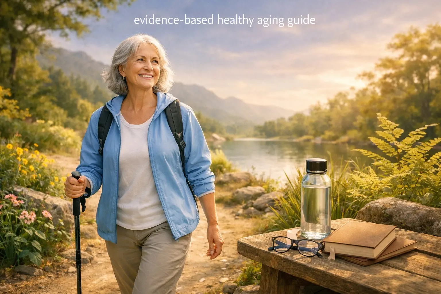 Evidence‑based healthy aging & longevity guide – older adult walking in nature, vibrant plants, representing vitality and wellness.