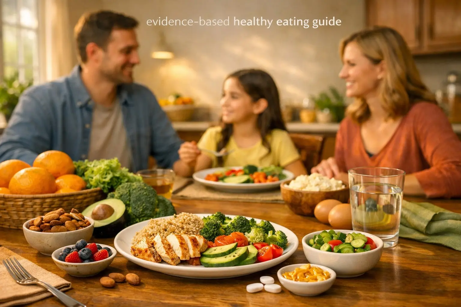 Evidence‑based healthy eating & lifestyle guide – balanced plate, family meal, kitchen, representing nourishing habits.