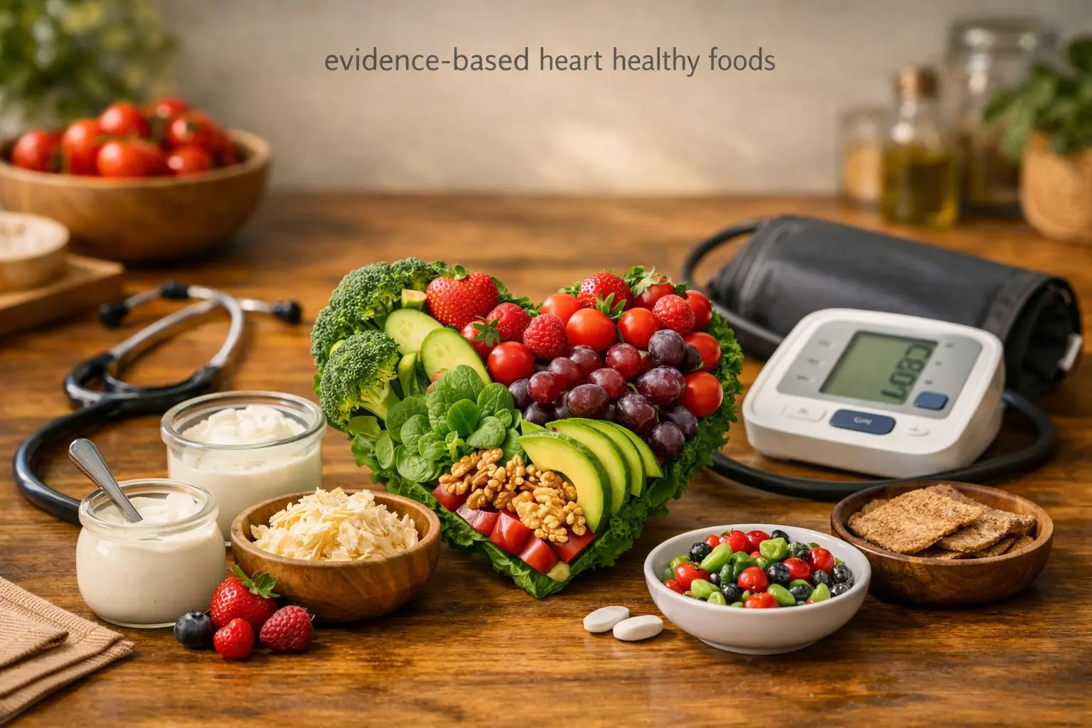 Evidence‑based heart health & cholesterol guide – heart made of fruits, stethoscope, blood pressure monitor, representing cardiovascular wellness.