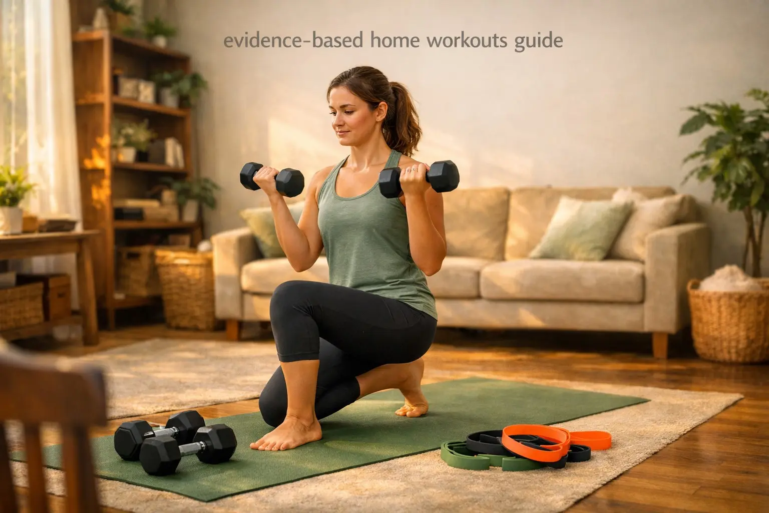 Evidence‑based home workouts & equipment guide – person exercising at home with dumbbells, bands, mat, representing home fitness.