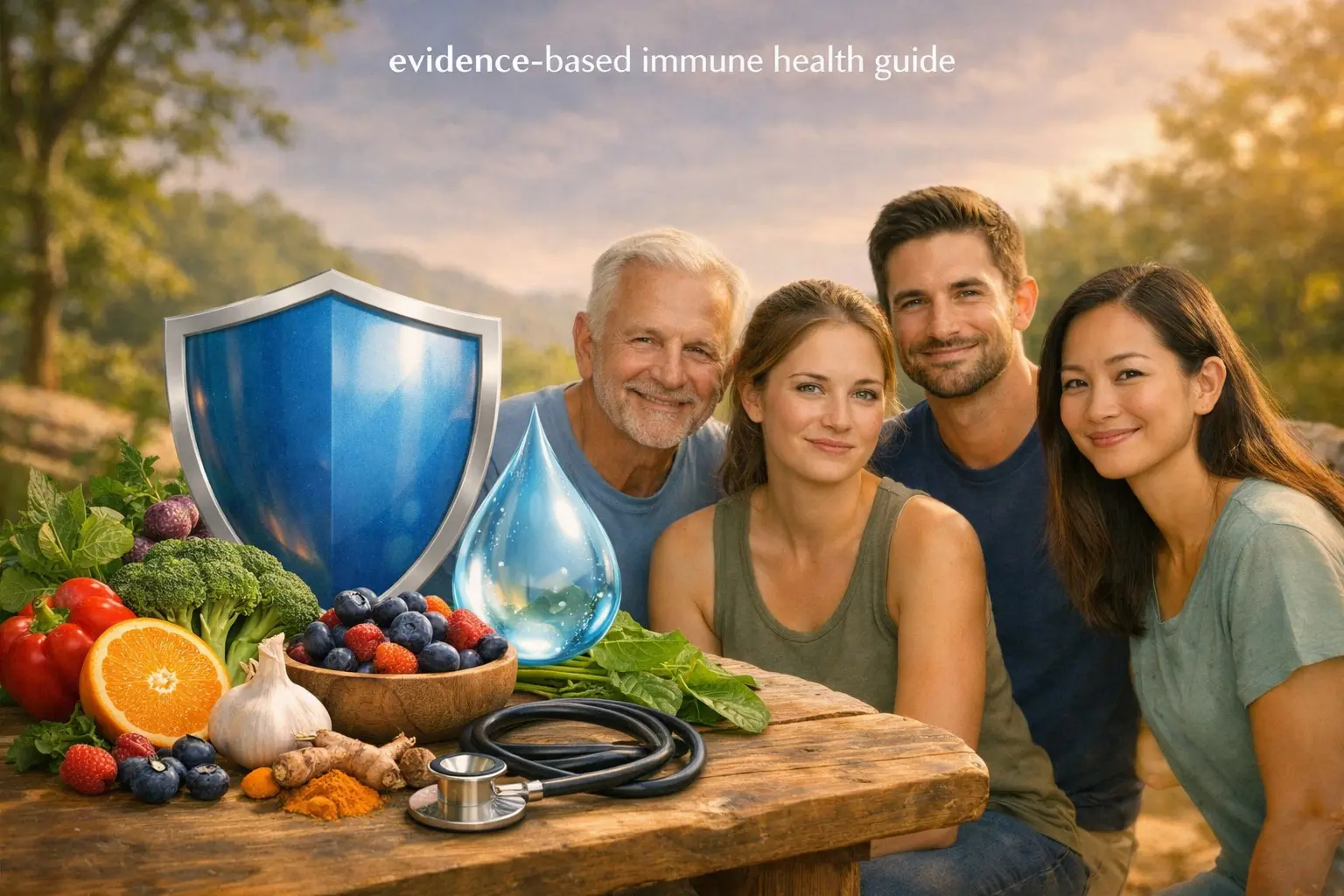 Evidence‑based immune health guide – shield, fruits, vegetables, water, healthy people, representing strong immunity.