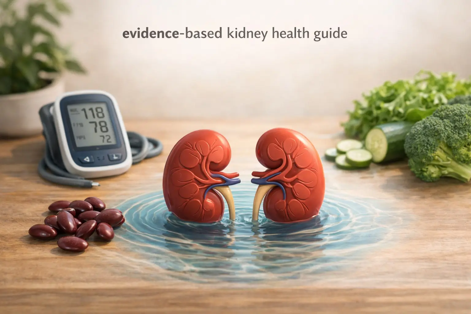 Evidence‑based kidney health guide – stylized kidneys with water, kidney beans, and blood pressure monitor, representing kidney wellness.