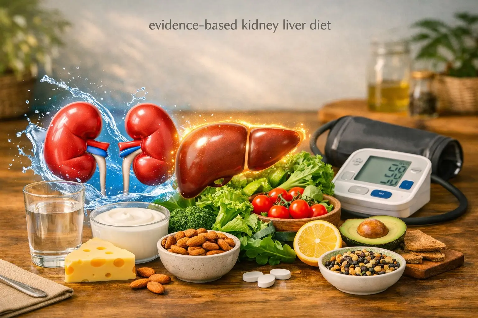 Evidence‑based kidney & liver health guide – stylized kidneys and liver, water, vegetables, representing organ health.