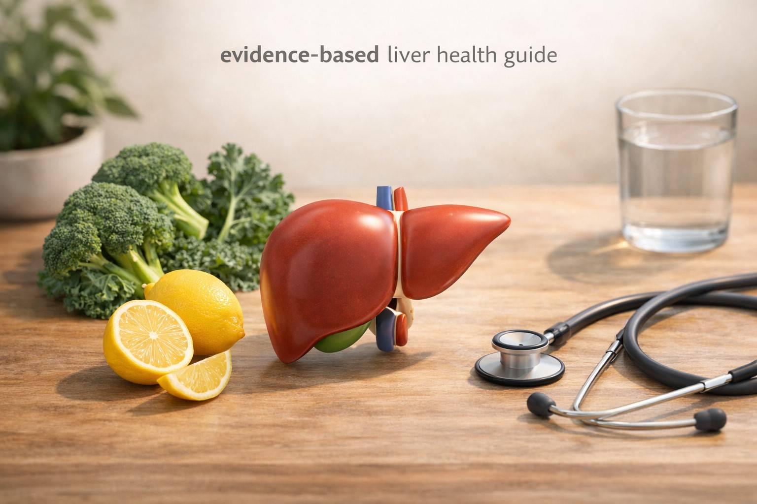 Evidence‑based liver health guide – stylized liver with vegetables, lemons, and water, representing liver wellness.