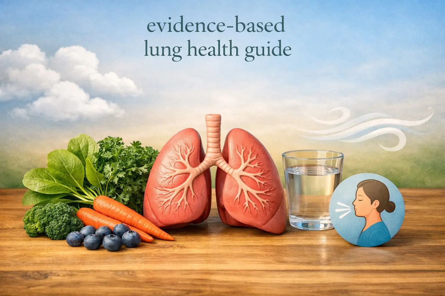 Evidence‑based lung health guide – stylized lungs with greens, water, and fresh air, representing respiratory wellness.
