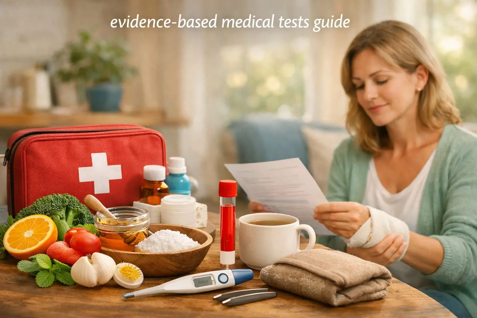 Evidence‑based medical tests & screenings guide – stethoscope, blood pressure cuff, test tube, bone profile chart, representing proactive health checks.