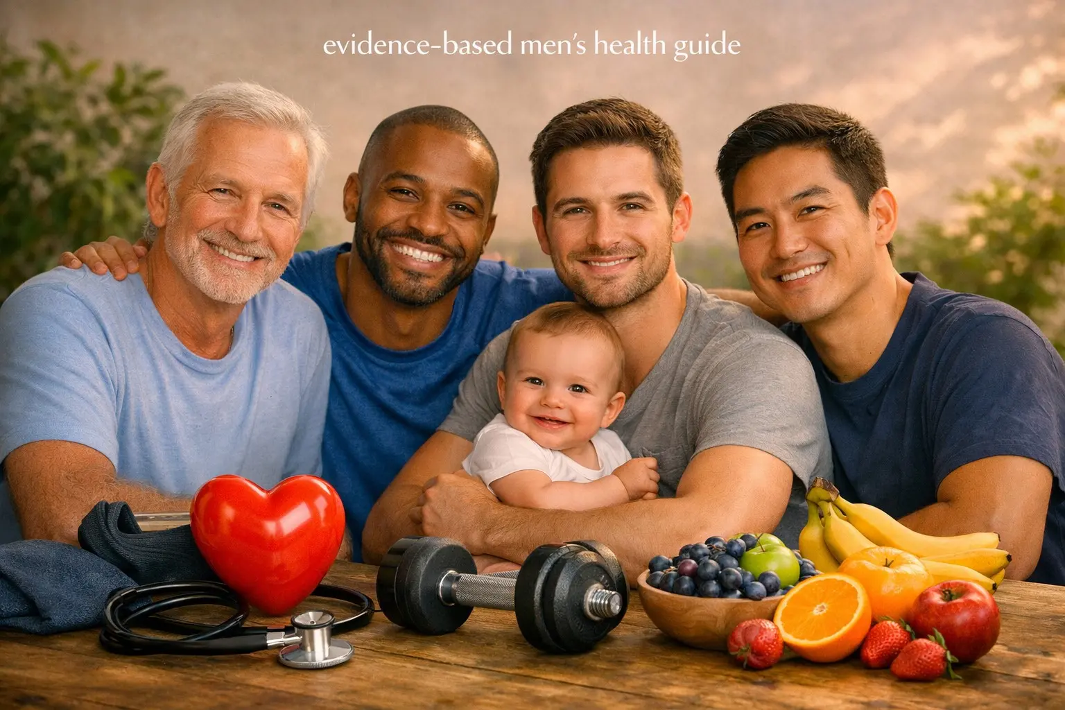 Evidence‑based men’s health guide – men of different ages with health symbols, representing holistic men’s wellness.