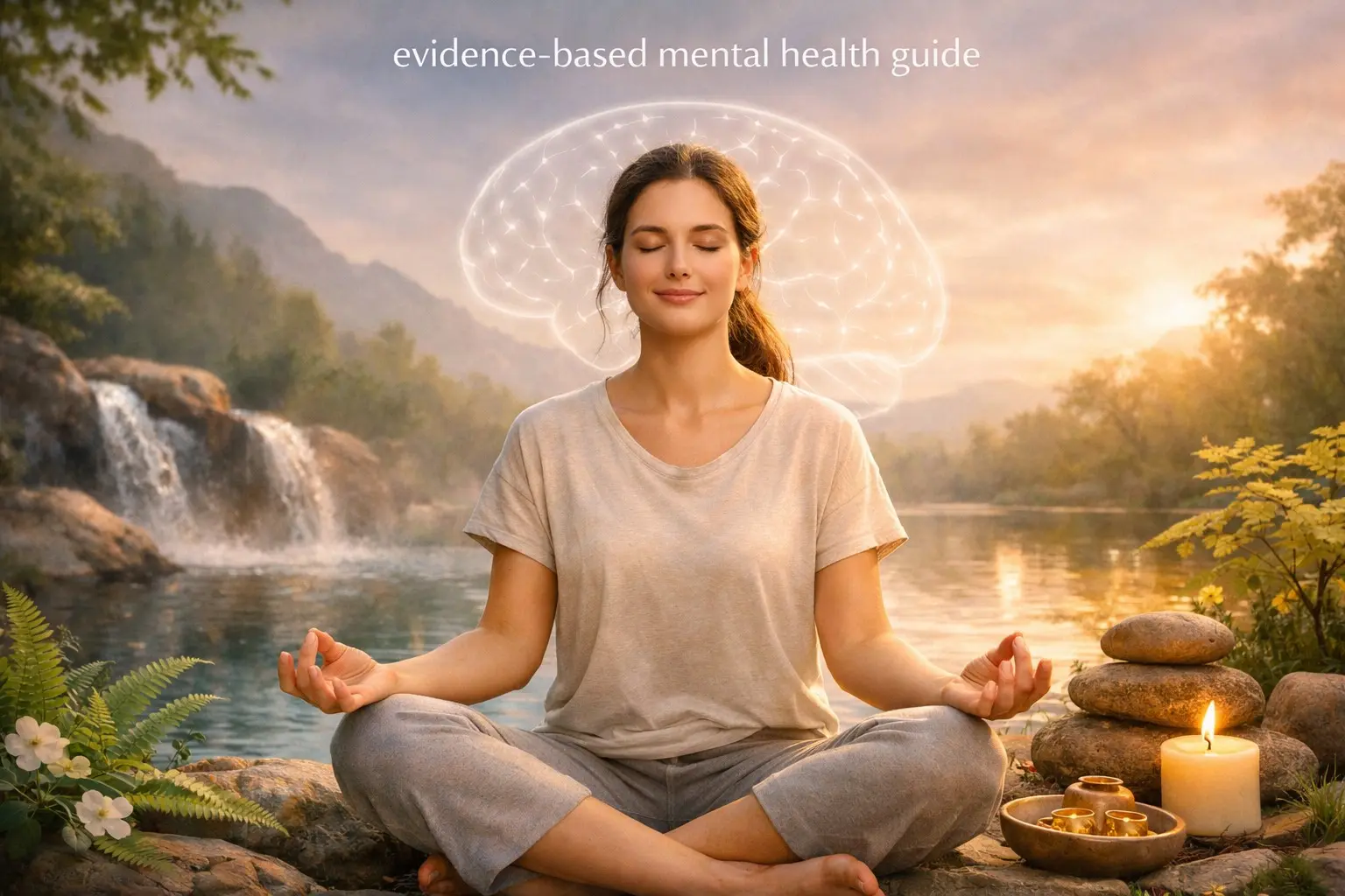 Evidence‑based mental health & wellness guide – calm person meditating in nature, brain outline, representing mental well‑being.