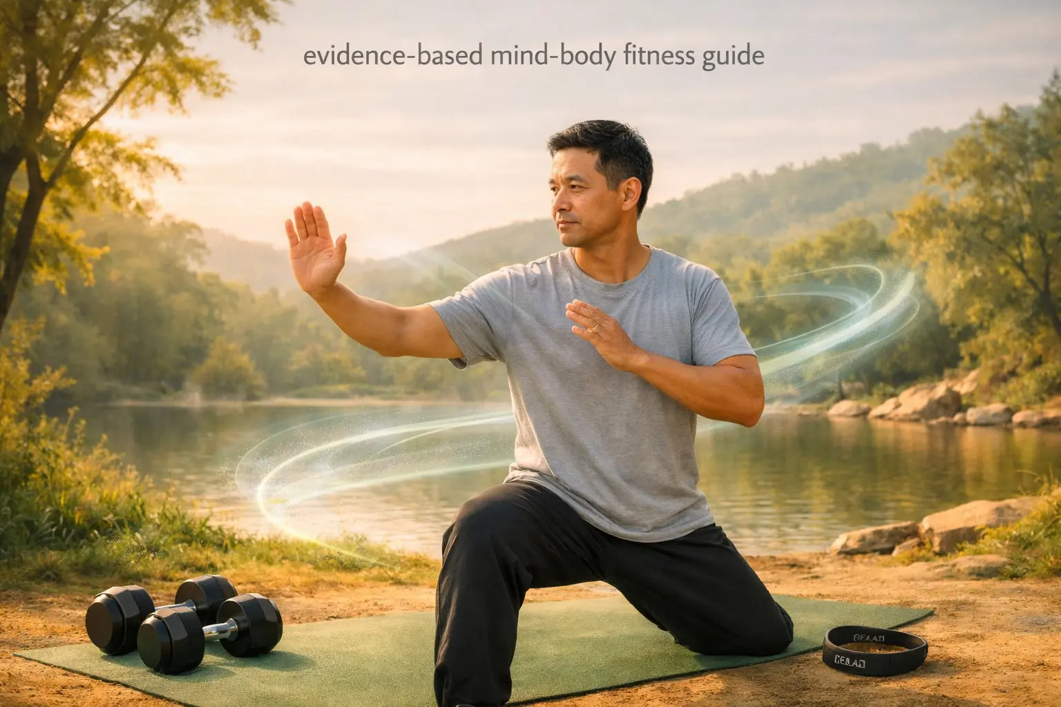 Evidence‑based mind‑body fitness guide – person practising Pilates, nature background, energy flow, representing holistic movement.