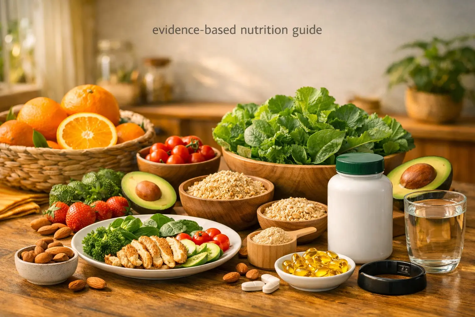 Evidence‑based nutrition & vitamins guide – vitamin‑rich foods, supplement bottle, representing essential nutrients.