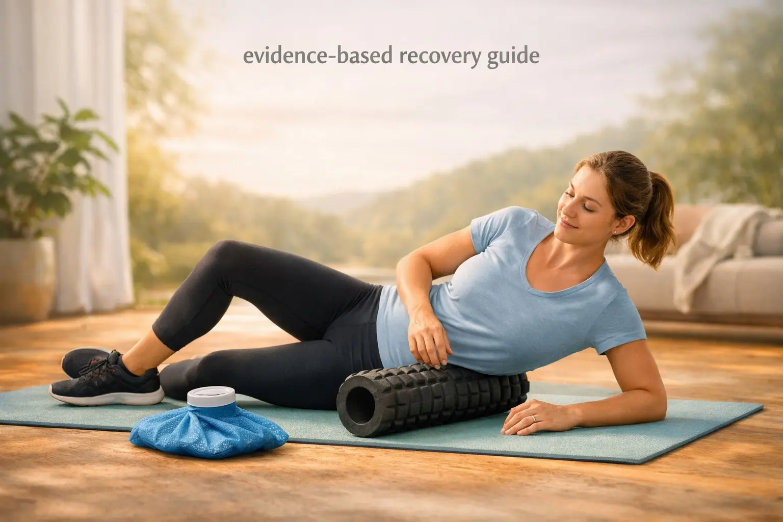 Evidence‑based recovery & injury prevention guide – foam roller, cold pack, calm environment, representing safe recovery.