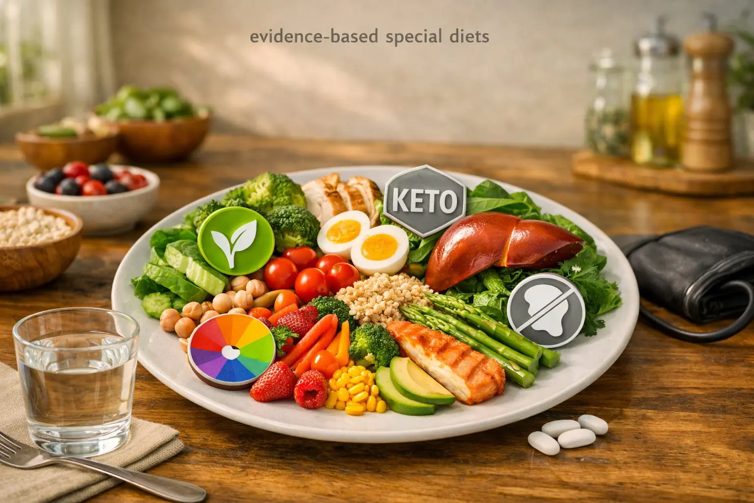 Evidence‑based special diets guide – plate with vegetarian, vegan, keto, low‑carb symbols, representing dietary variety.