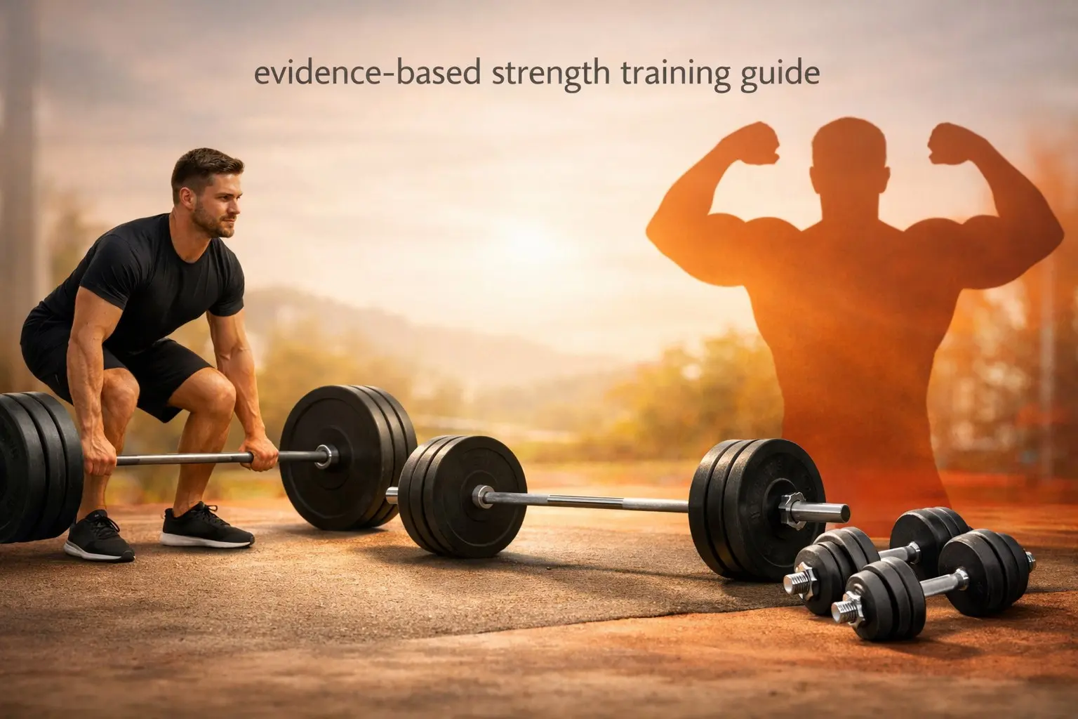 Evidence‑based strength training guide – person lifting weights, barbell, dumbbells, representing muscle building.