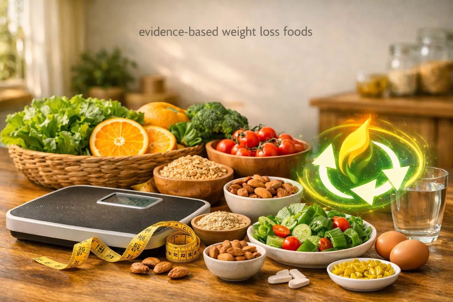 Evidence‑based weight loss & metabolism guide – scale, vegetables, measuring tape, metabolism symbol, representing healthy weight management.