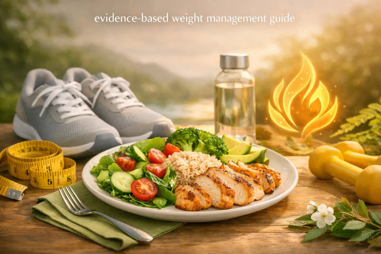 Evidence‑based weight management & metabolism guide – balanced plate, measuring tape, walking shoes, metabolic flame, representing healthy weight.