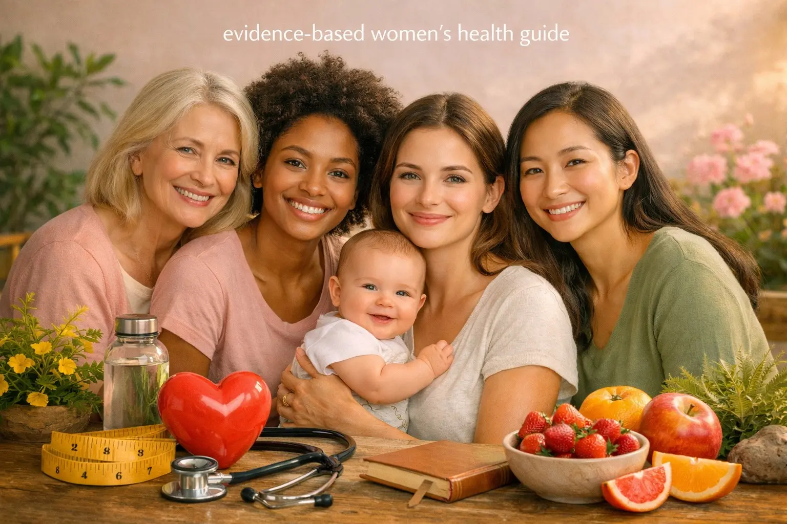 Evidence‑based women’s health guide – women of different ages with health symbols, representing holistic women’s wellness.