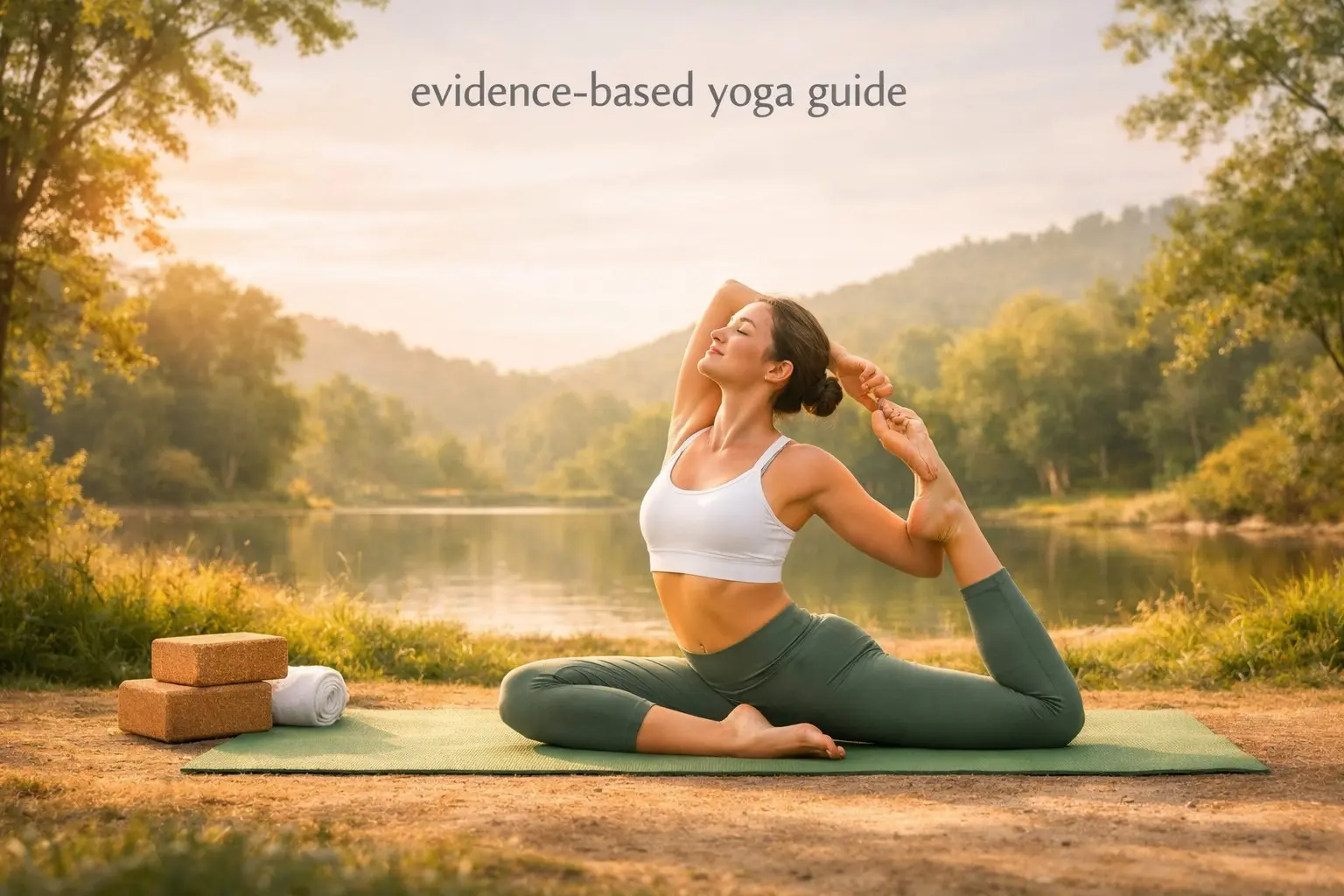 Evidence‑based yoga & flexibility guide – person in yoga pose, mat, nature background, representing flexibility and calm.