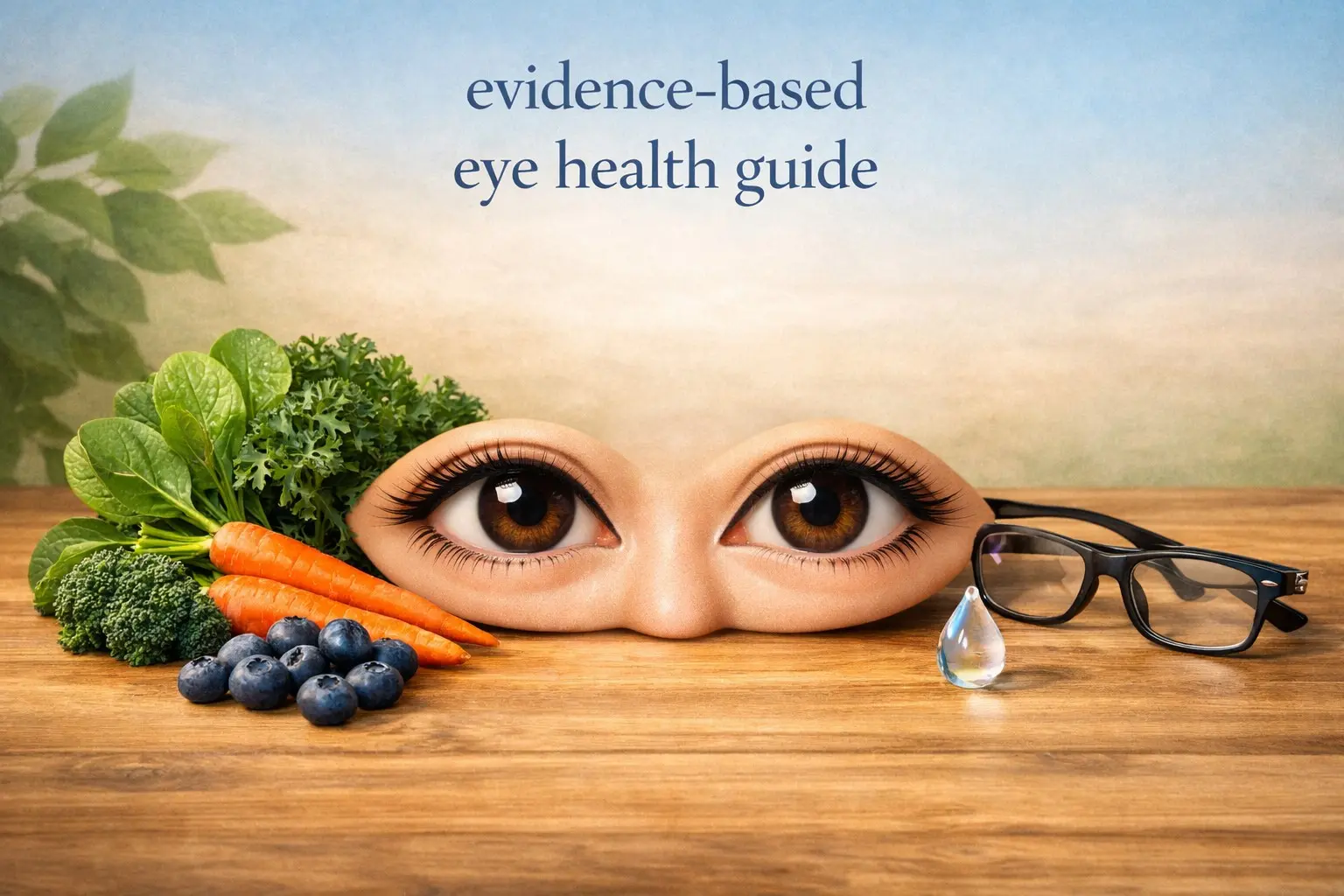 Evidence‑based eye health guide – stylized eyes with vegetables, fruits, glasses, and water, representing vision wellness.