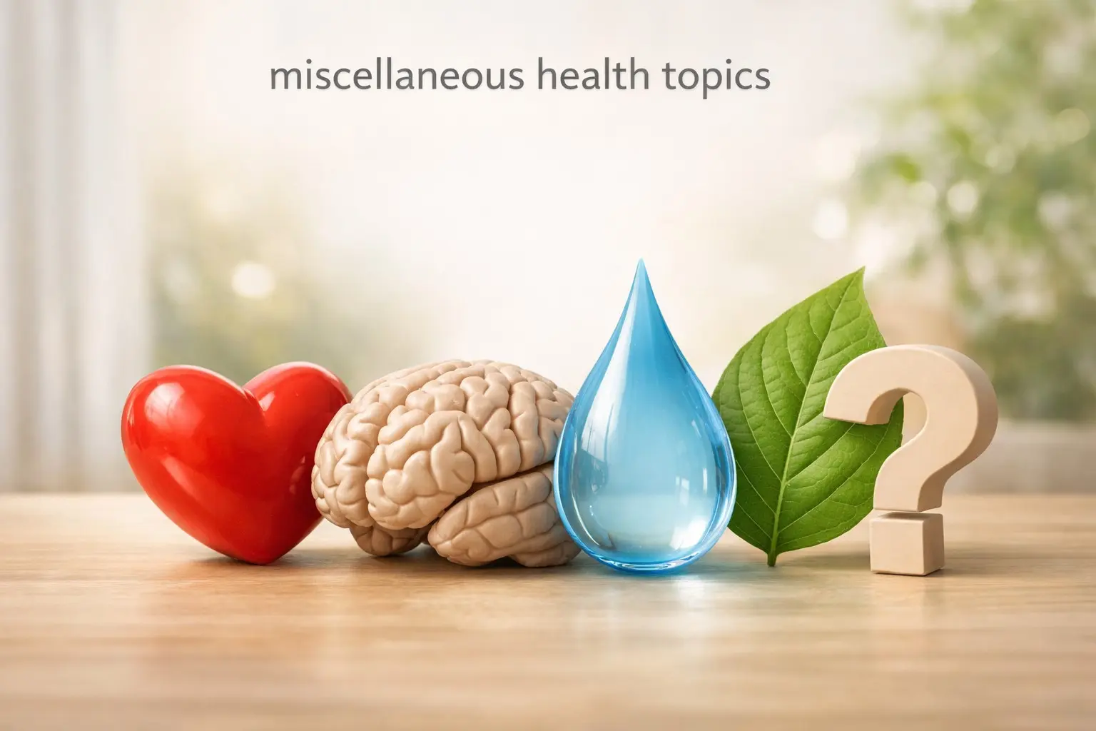 Evidence‑based guide to miscellaneous health topics – collage of heart, brain, water, leaf, question mark, representing diverse health subjects.