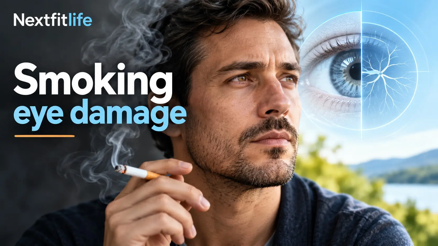 Smoking eye damage guide showing cigarette smoke risks and the benefits of quitting for eye health