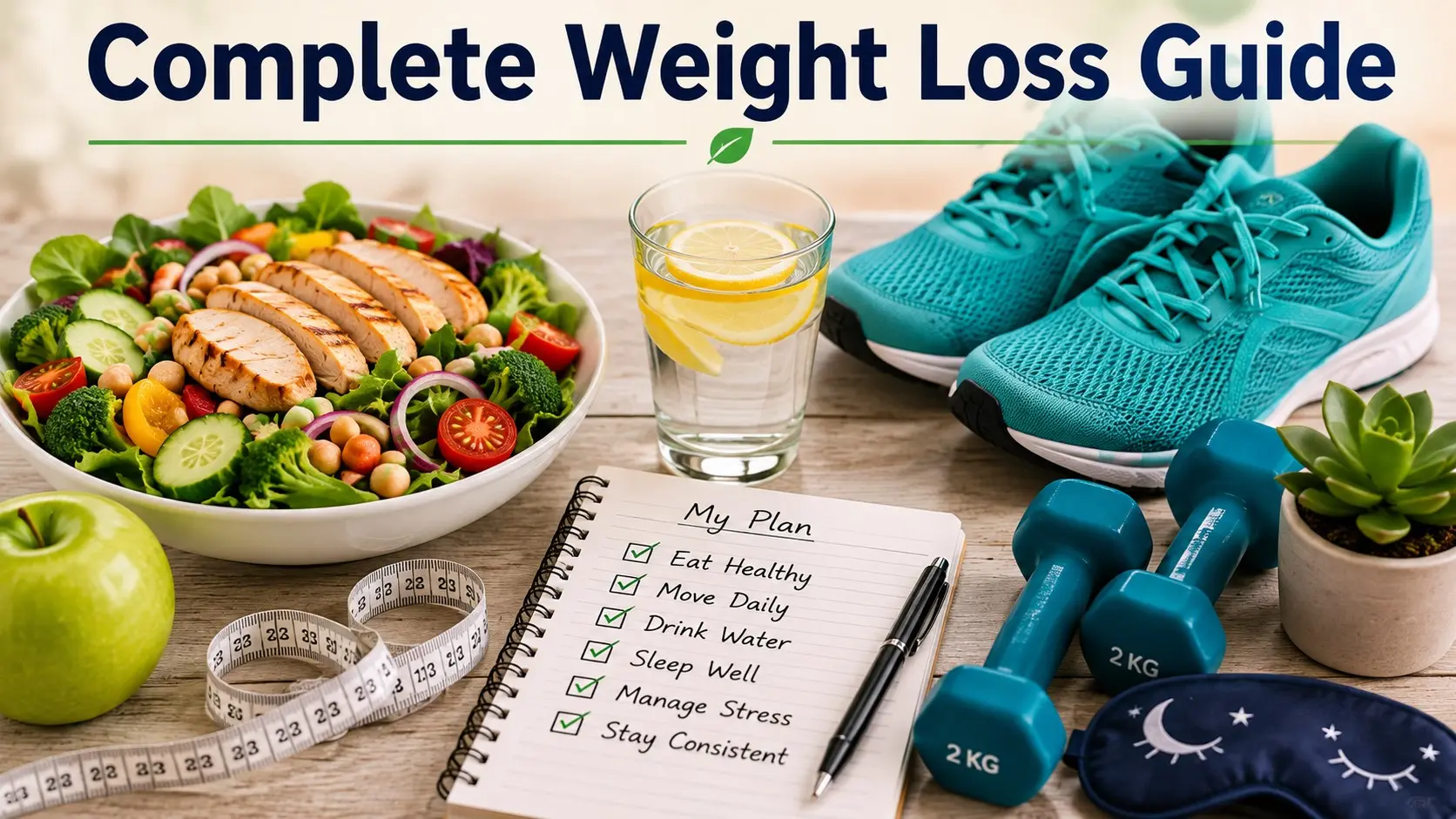 weight-loss-guide - Adult planning safe, sustainable weight loss with a balanced meal, water, walking shoes, dumbbells, measuring tape, and a progress journal.