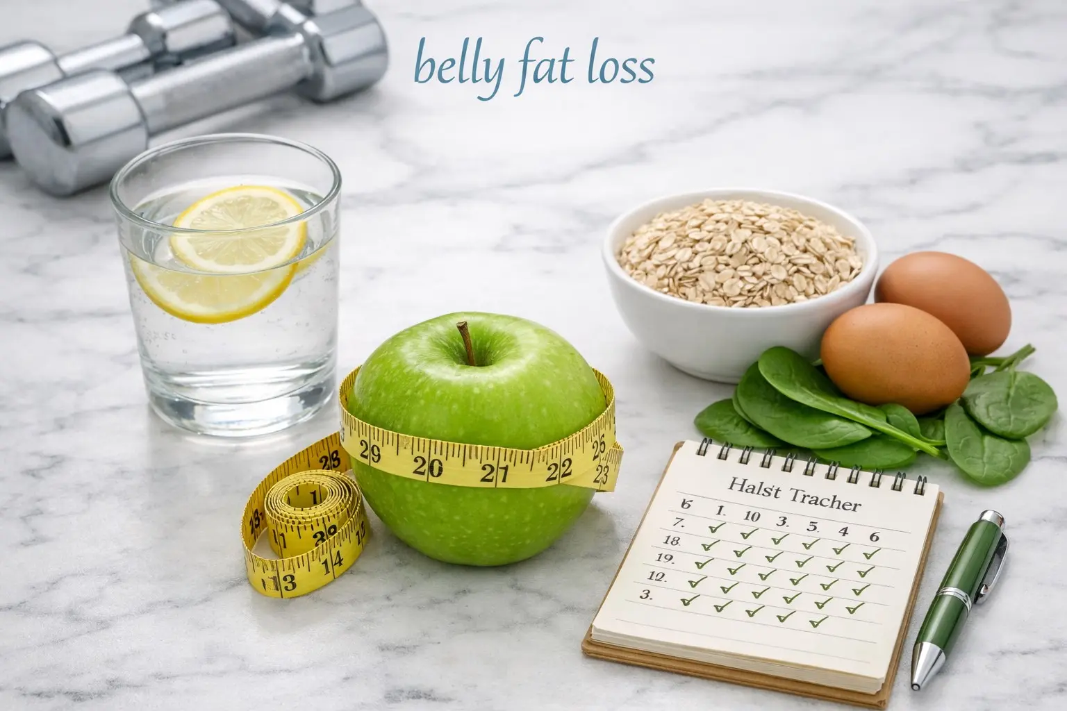 Tape measure, healthy foods and dumbbells representing belly fat loss through diet and exercise