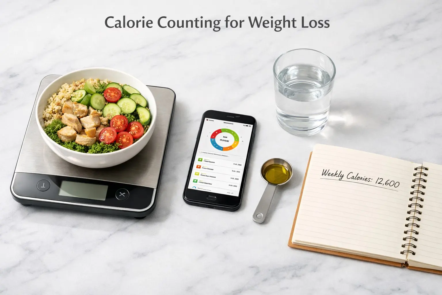 Kitchen scale phone with calorie app, measuring spoon and notebook representing calorie counting for weight loss