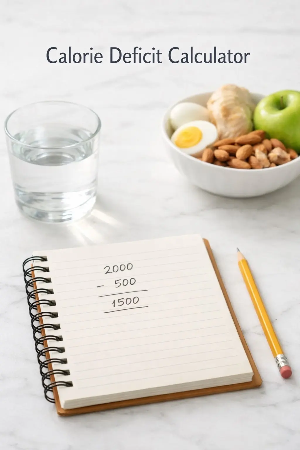 Calorie deficit calculation notebook with healthy foods on a white marble surface