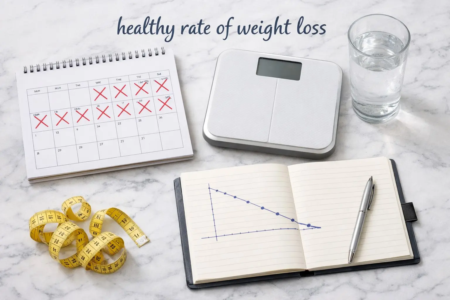 Calendar, scale, and weight trend notebook representing a healthy rate of weight loss over time