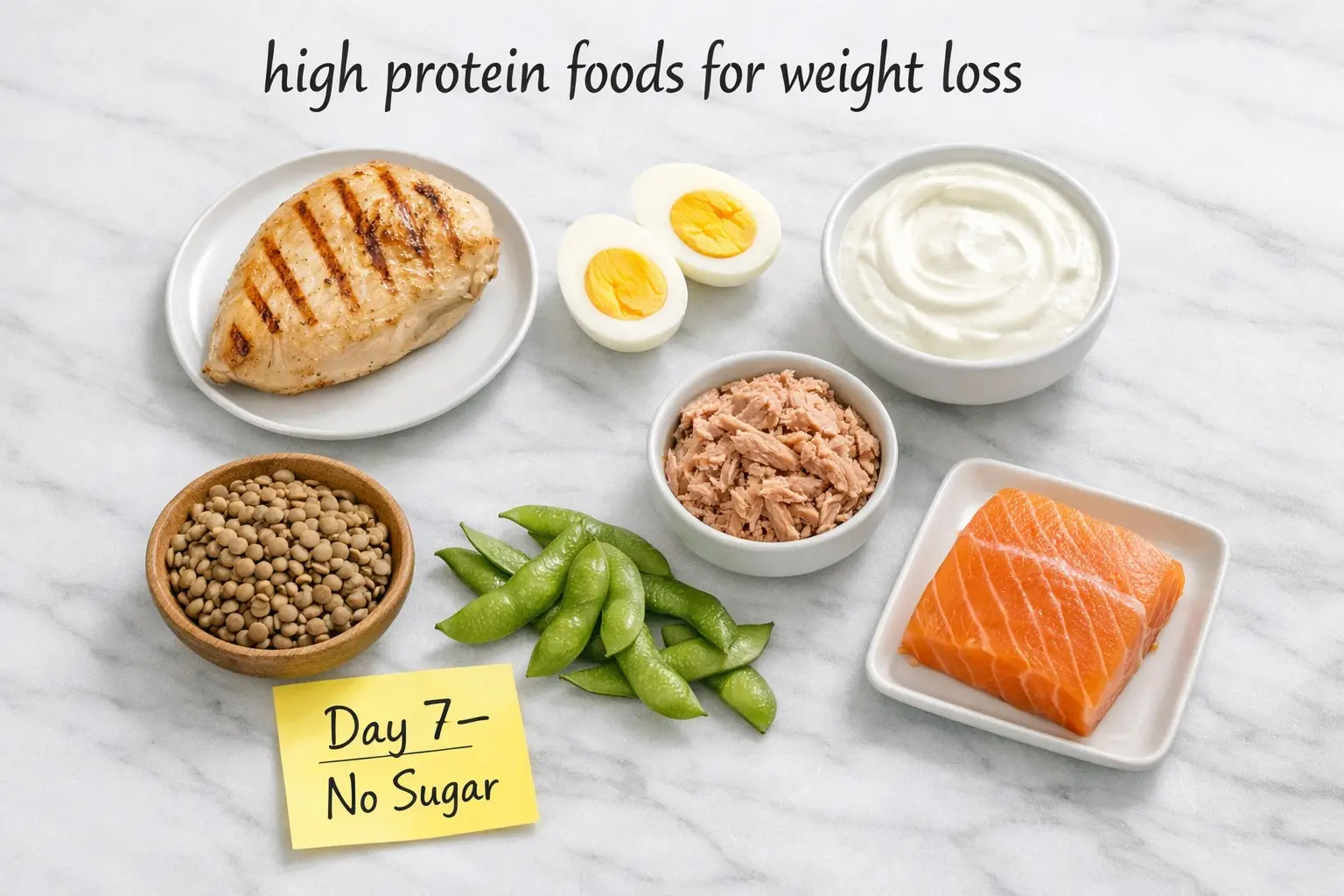 High protein foods for weight loss including chicken, eggs, Greek yoghurt, tuna, lentils and salmon on white marble