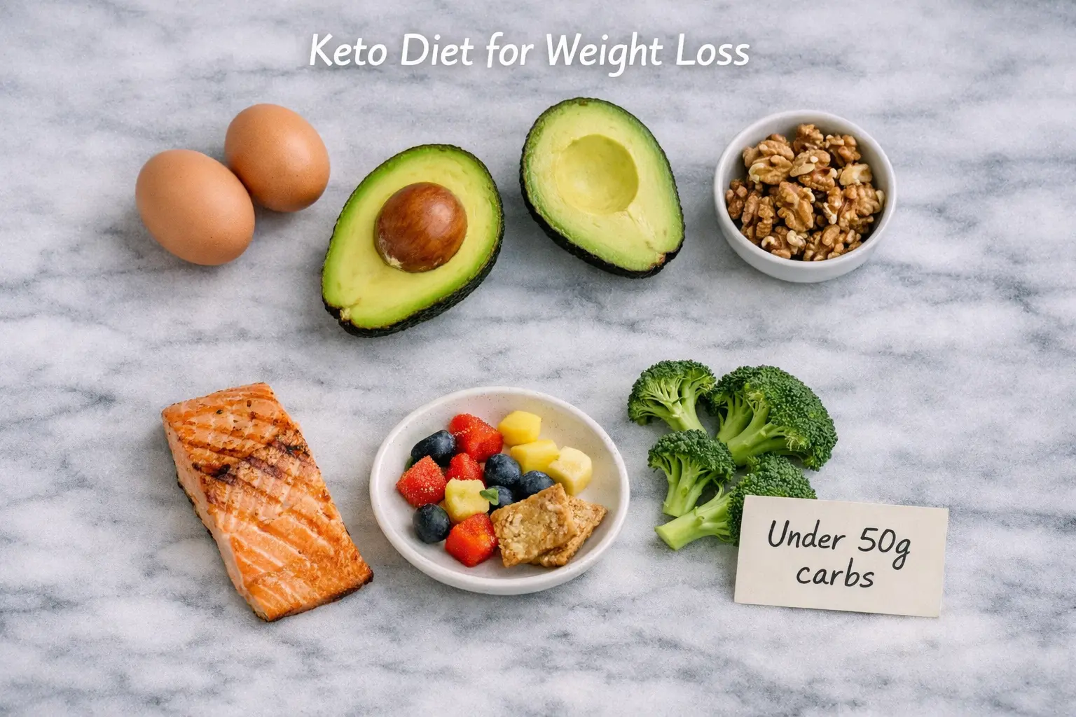 : Avocado eggs nuts salmon and vegetables representing keto diet for weight loss on white marble