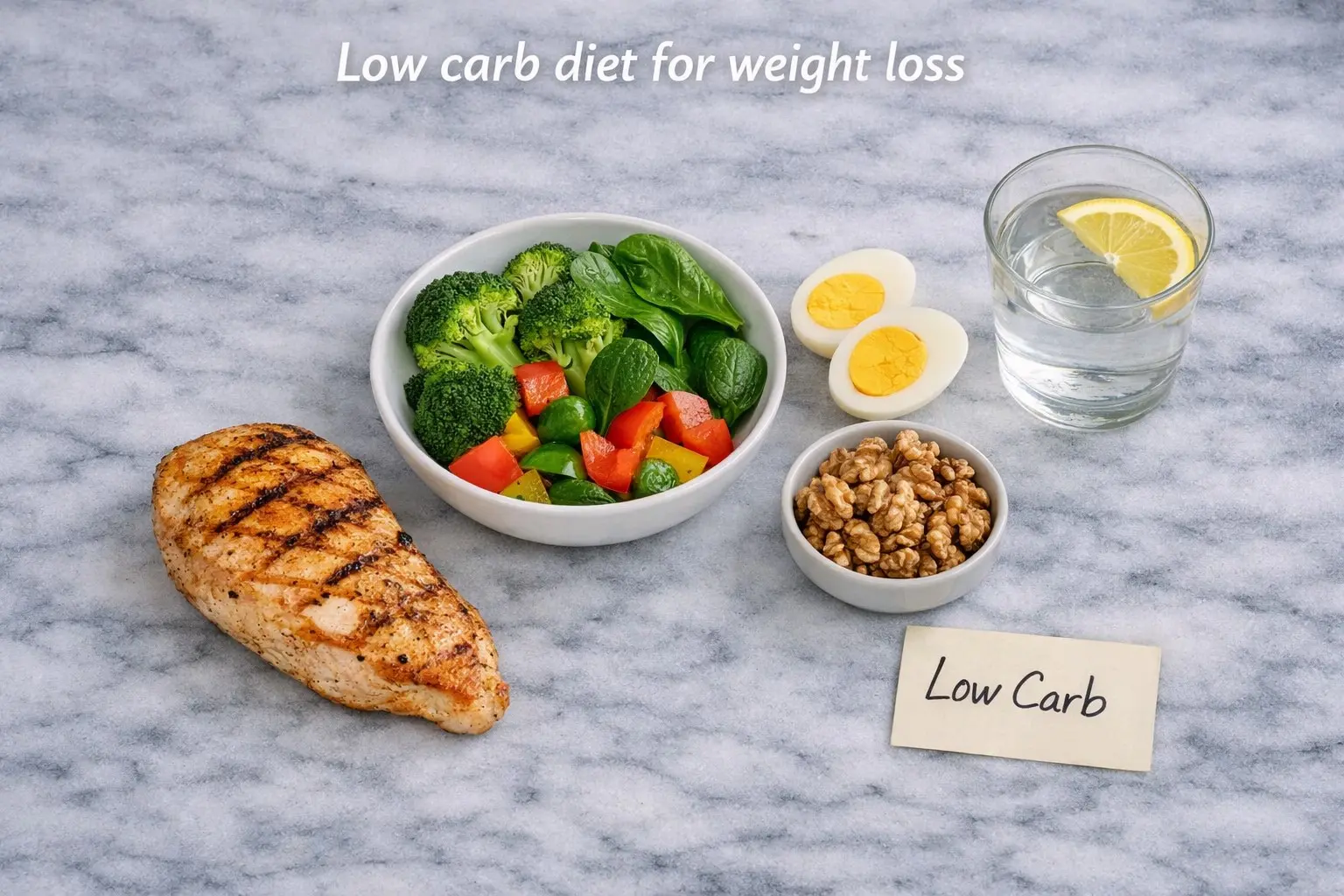 Low Carb Diet for Weight Loss including chicken vegetables eggs nuts and water on white marble