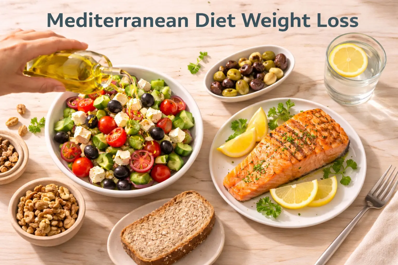 Mediterranean Diet Weight Loss, including Greek salad salmon olive oil, bread and walnuts on a wooden surface
