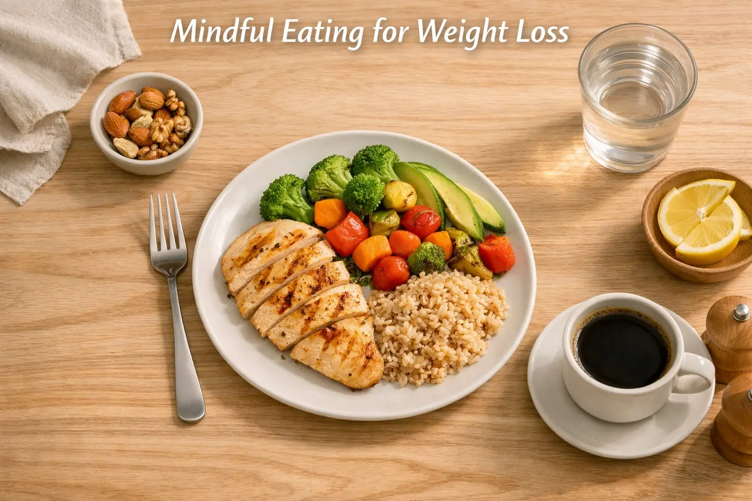 A plated meal of chicken vegetables and rice with water glass representing mindful eating for weight loss at a calm table