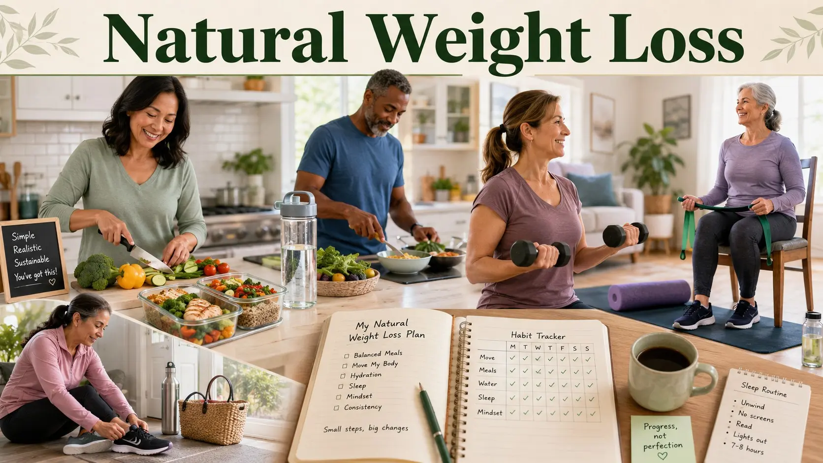 Natural Weight Loss guide with adults planning balanced meals, walking, water, light strength training, sleep habits, and simple healthy routines